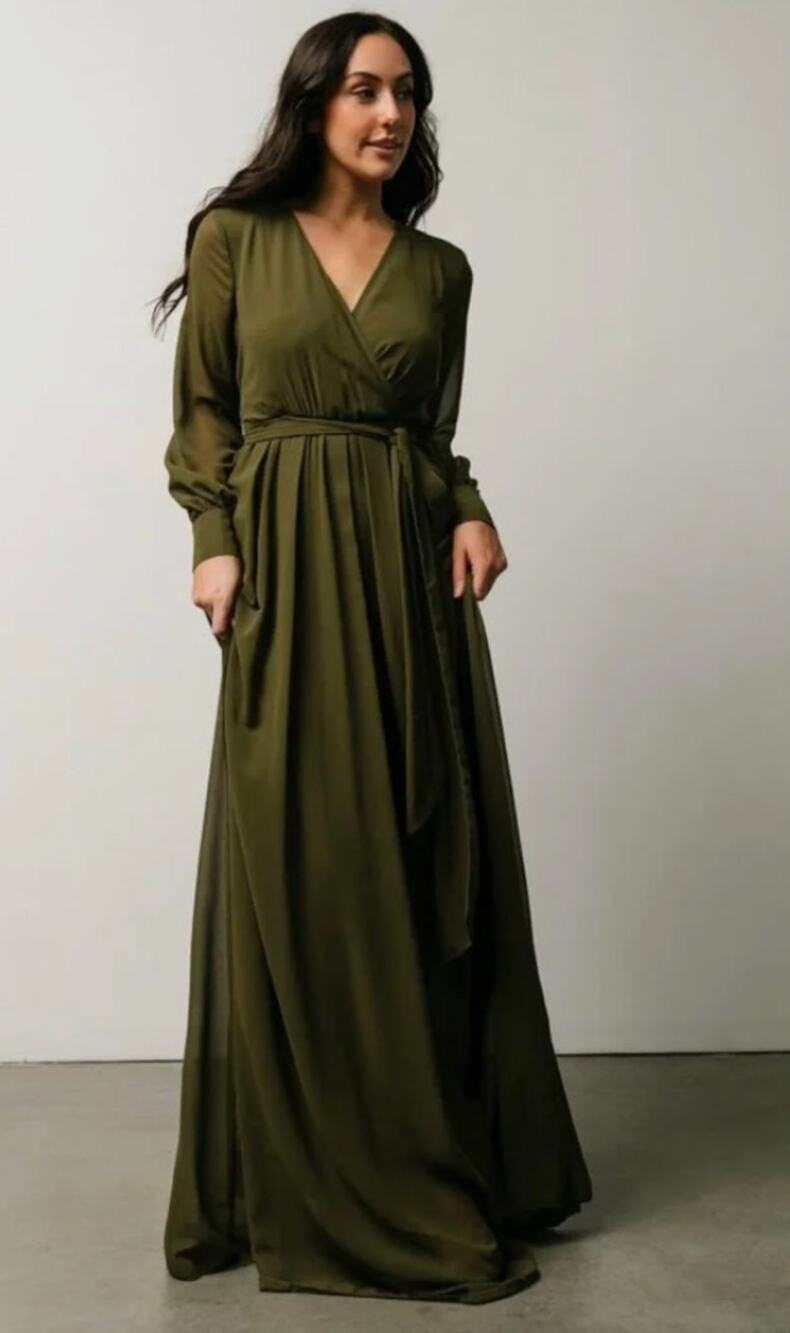 NWT Baltic Born Lydia Olive Green Maxi Dress Long Sleeve Wrap Formal Medium